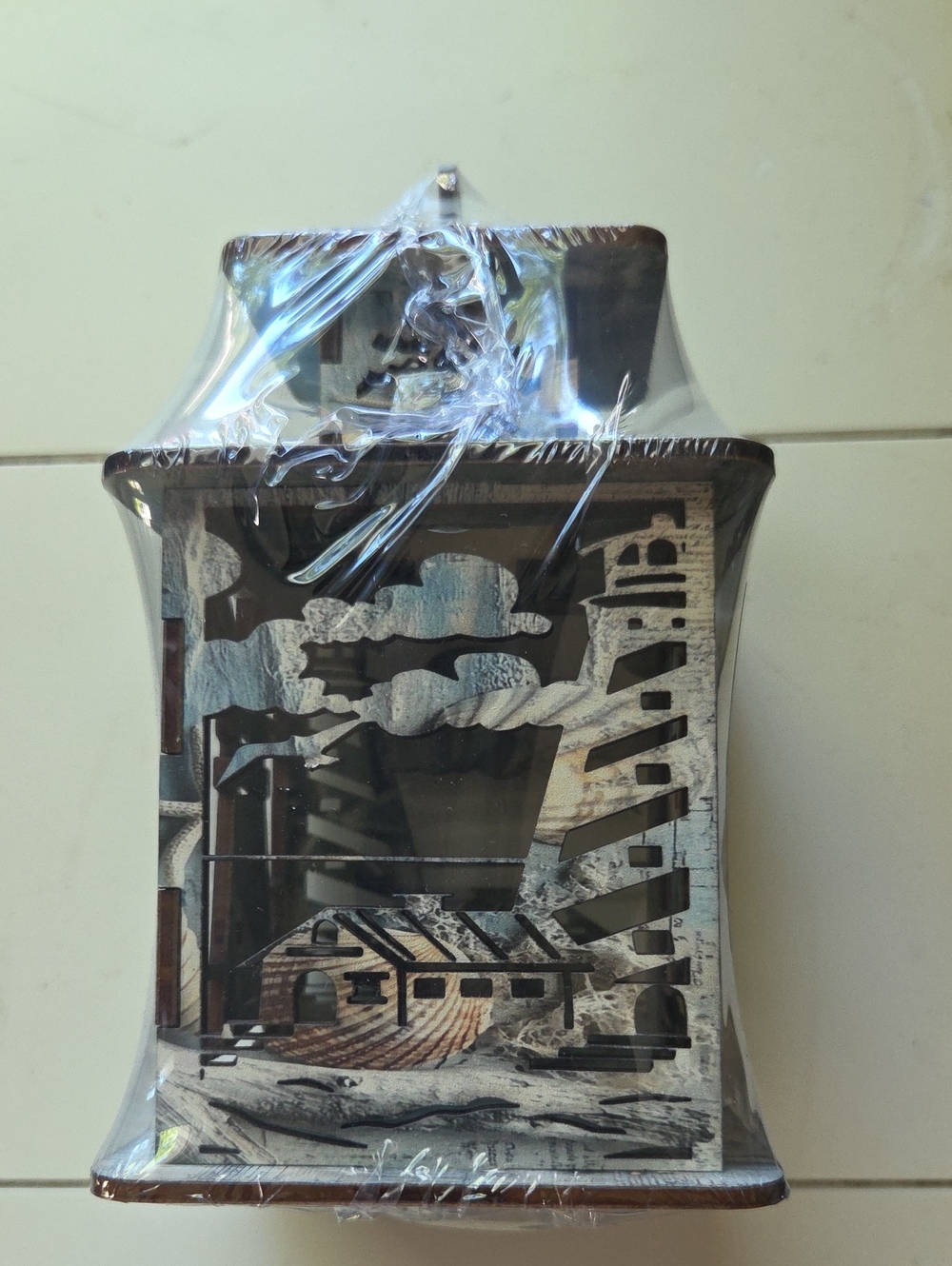 Wooden Decorative Lantern with Coastal Cutout Design - Brown and White